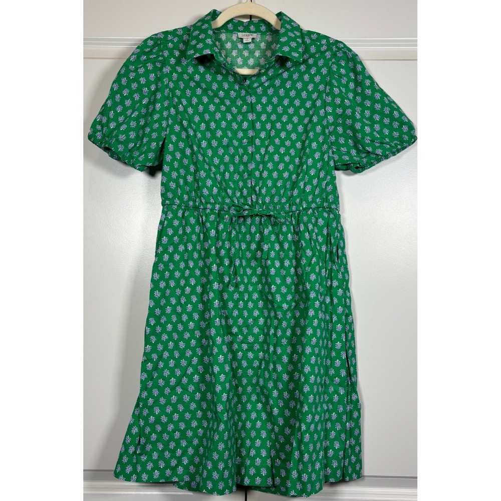 J.Crew Womens Mini Shirt Dress Green Leaf Print Tie-Waist Puff Sleeve Boho 8